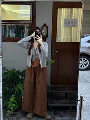 秋装搭配一整套大码胖mm日系针织条纹吊带背心开衫阔腿裤轻熟套装