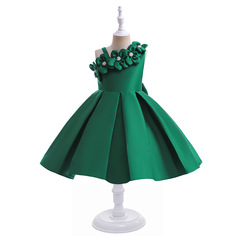 外貿跨境新款女童斜肩拼接禮服蓬蓬連衣裙周歲服兒童表演服