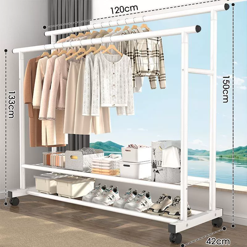 Folding 2-Tier Clothes Drying Rack with Bottom Shelf for Home or Dorm, Double Rail, Wheels, Black/White