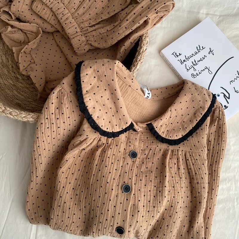 Retro Brown Polka Dot Pajamas for Women, Spring and Autumn Cardigan with Doll Collar and Lace, Double-Length Set, Can Be Worn Outside as Loungewear