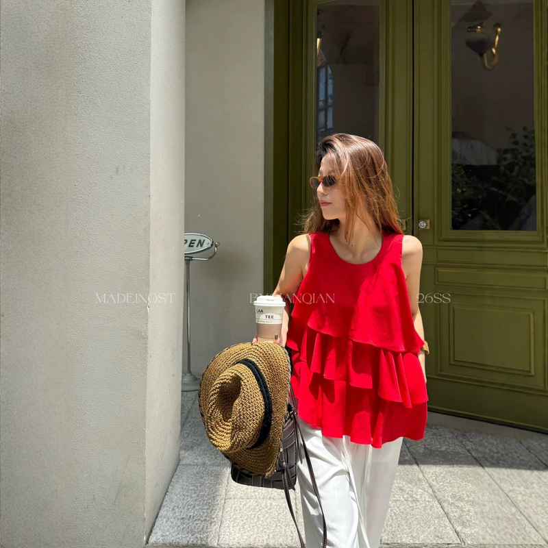 【Fei】Ruffled Layered Design Vest for Women 2026 Summer Light French Style Loose Sleeveless Top Blouse