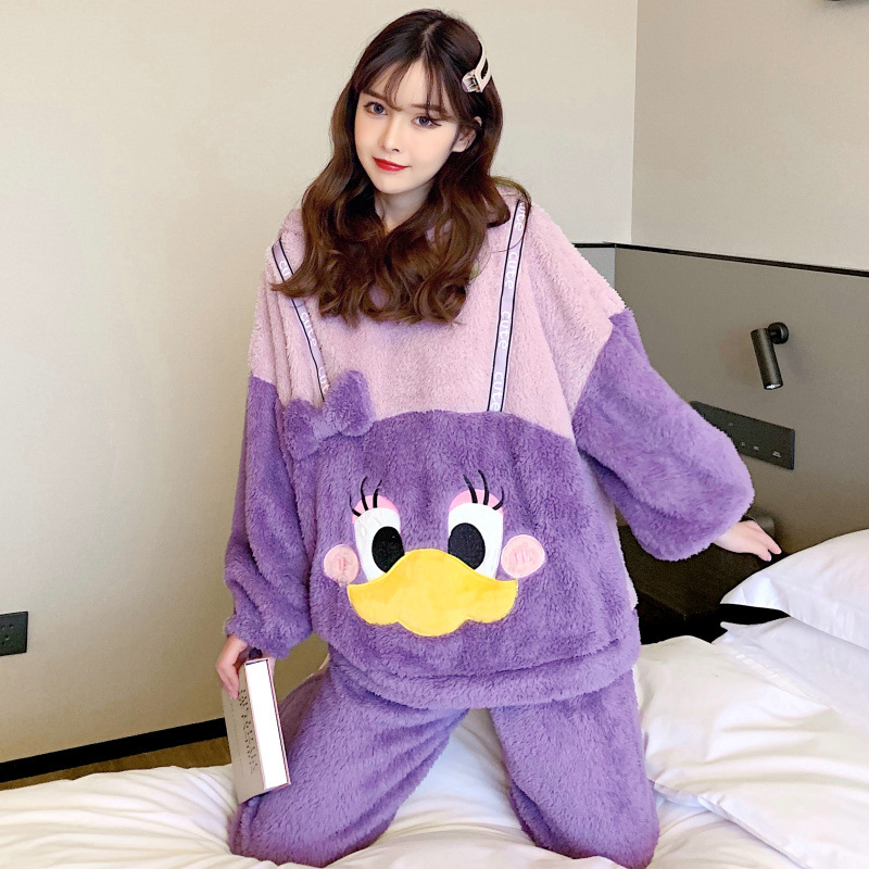 Dibujos animados pato donald otoño e invierno coral fleece pijamas de manga larga engrosada de las mujeres de dibujos animados lindo felpa ropa de casa traje