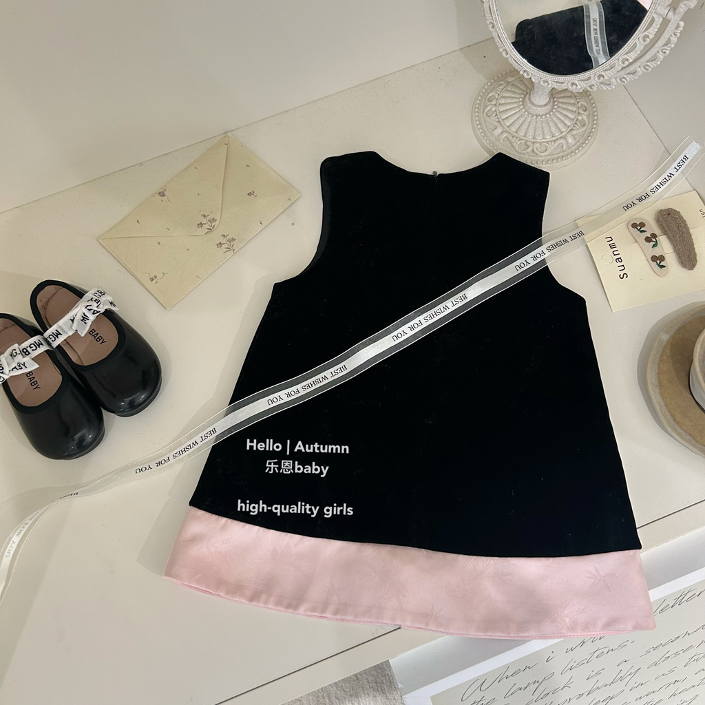 [Ropa para niños Le En] Chaleco de estilo nacional de invierno para niñas y falda de terciopelo Vestido de moda para bebés Vestido de princesa engrosado