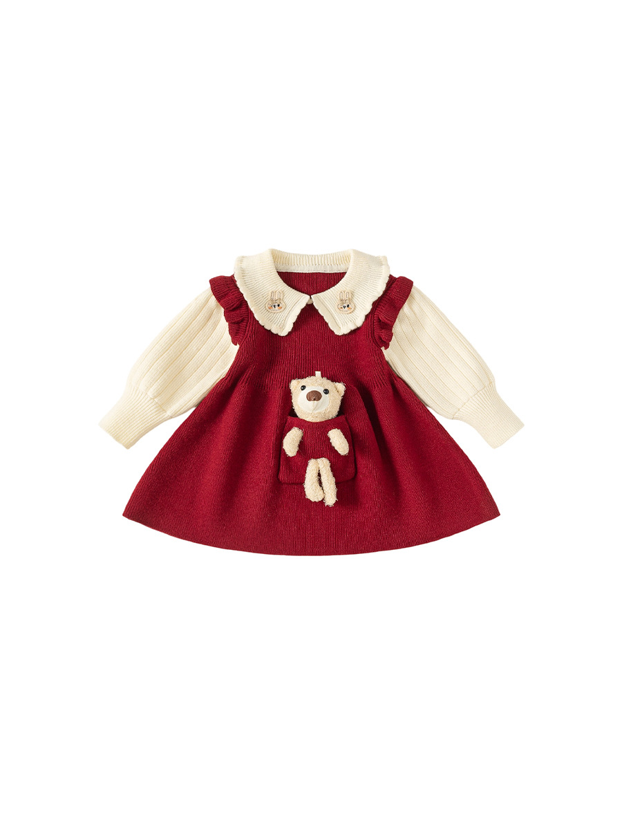 Ropa infantil youbao vestido de niña primavera y otoño falda tridimensional de niña oso falda de niña suéter de punto infantil falda a image 6