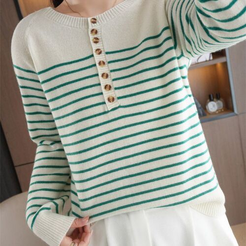 Autumn/Winter Striped Crew-Neck Sweater with Belt, Women's Long-Sleeve Knit Top – Bold Colorblock Pullover Base Layer
