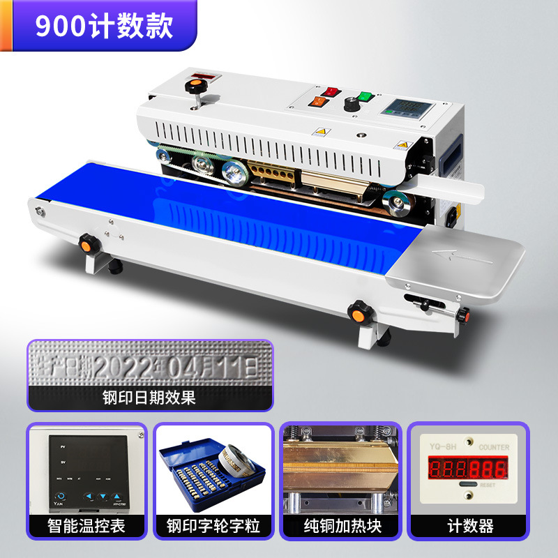 Máquina de sellado continuo automático para bolsas de aluminio comerciales de té, bolsas de papel y plástico, máquina de sellado térmico, fecha de impresión de acero, fecha de impresión de tinta