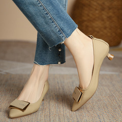 Metal Square Button Soft Leather Fashion Mid Heels 2023 Spring Autumn New Korean Style Pointed Toe Open Mouth Soft Sole Thin Heel Women's Single Shoes