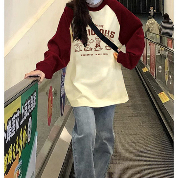 100% Cotton T-Shirt Base Layer for Female Students in Spring and Autum Thin Loose Large Size Casual Versatile Raglan Long-Sleeved Top