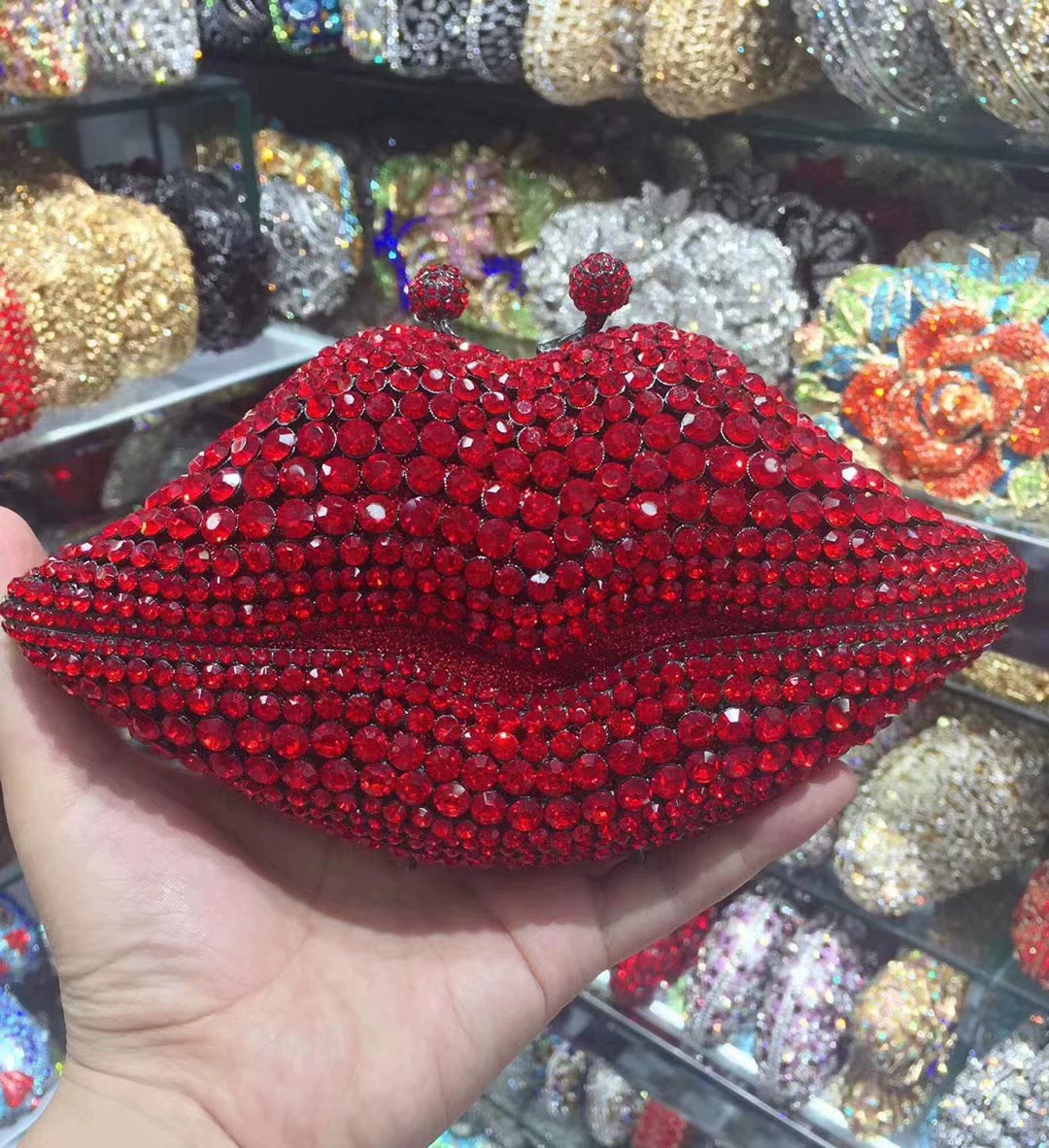 Transfronterizos labios con diamantes bolsas de cena damas vestido de fiesta bolsas de mano de diamantes bolsas de metal Clutch bag