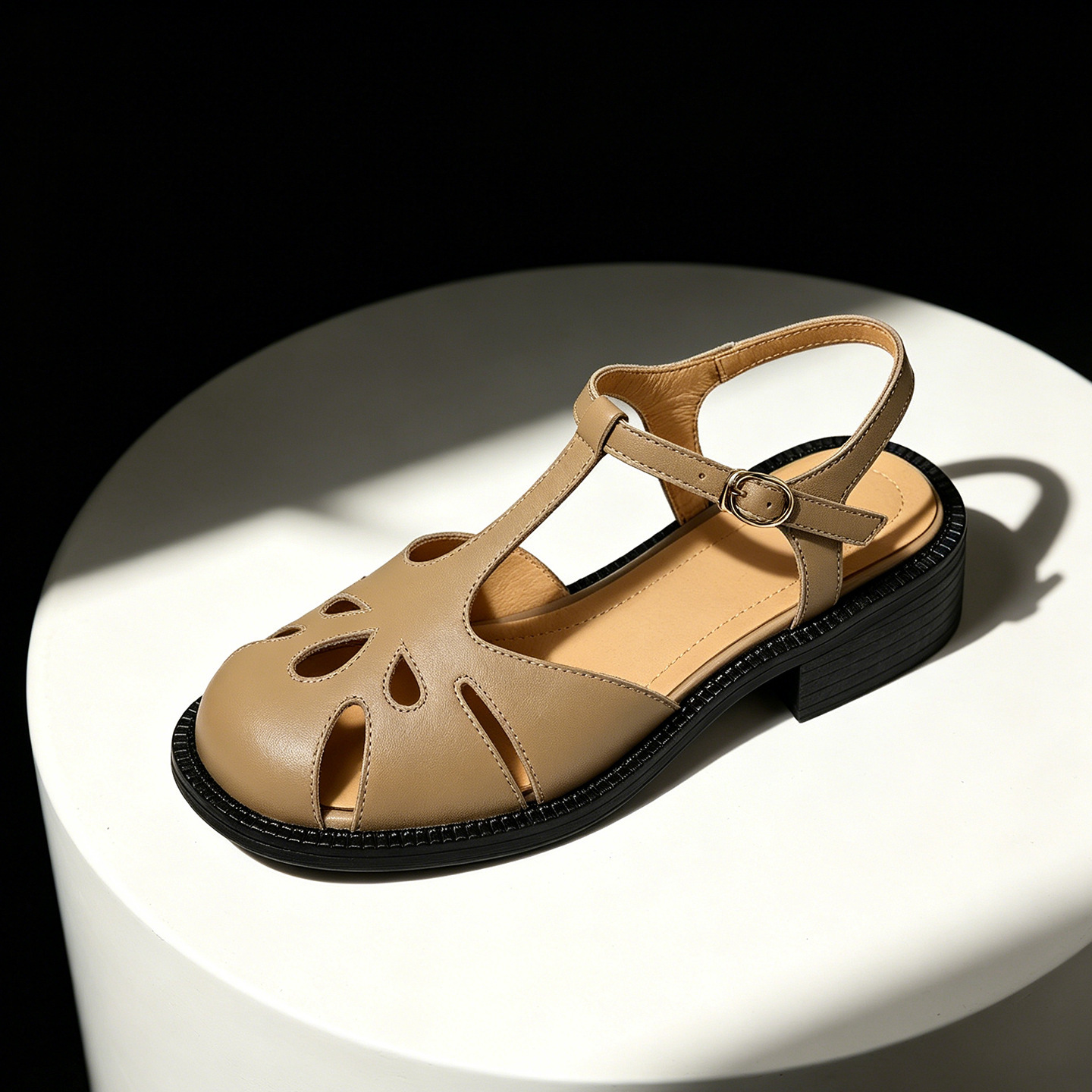 Sandal nữ da bò kiểu La Mã quai chữ T gót thấp — màu nâu chi tiết 4