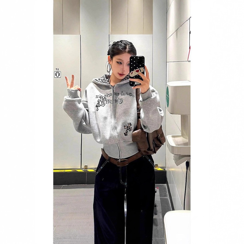 Leopard Print Patchwork Hooded Cardigan Sweatshirt with Cross Tie-Dye Design, New Autumn/Winter 2026 Hooded Top for Street Fashionistas