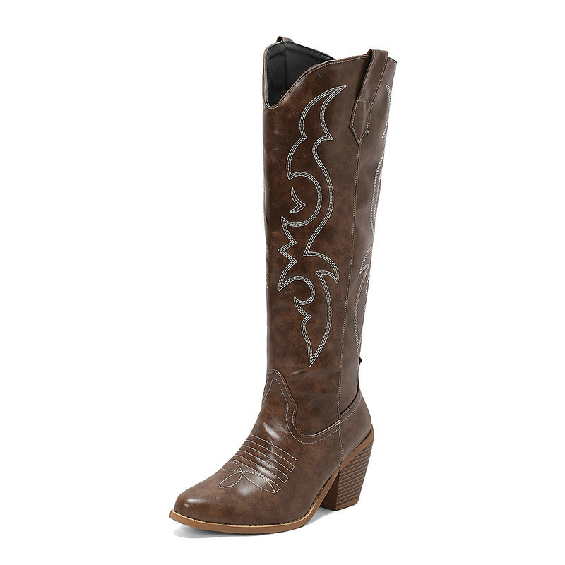 Women's Cowboy boots Embroidered tall pointed girl cowboy boots, vintage chunky heel side zip Rusticale boots_voghion.com