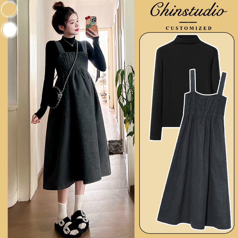 임산부복 가을과 겨울 스타일리쉬 드레스 슈트 트렌디 핫맘 아우터웨어 가을과 겨울 스타일 배 가리는 슬리밍 오버올 스커트 투피스 슈트