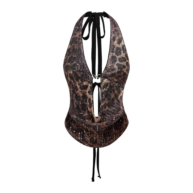 Women's Cheetah Print Sequin Top Y2K Back Tie-Up Corset Halter Crop Top