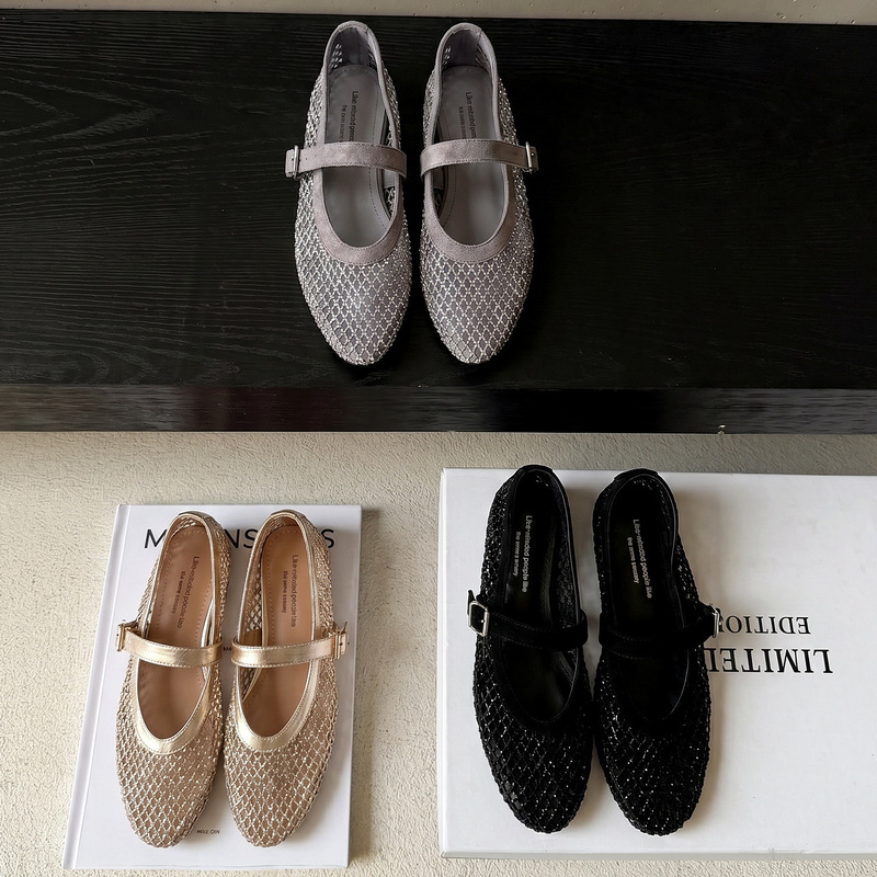 European style fine glitter fishnet height-increasing Mary Jane shoes 2026 breathable hollow mid-heel round toe buckle single shoes for women