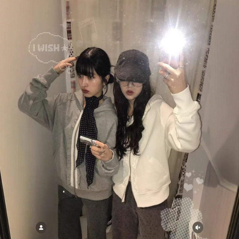 韩国coyseio Rei直井怜同款褶皱花边拼接拉链连帽卫衣百搭女外套|undefined