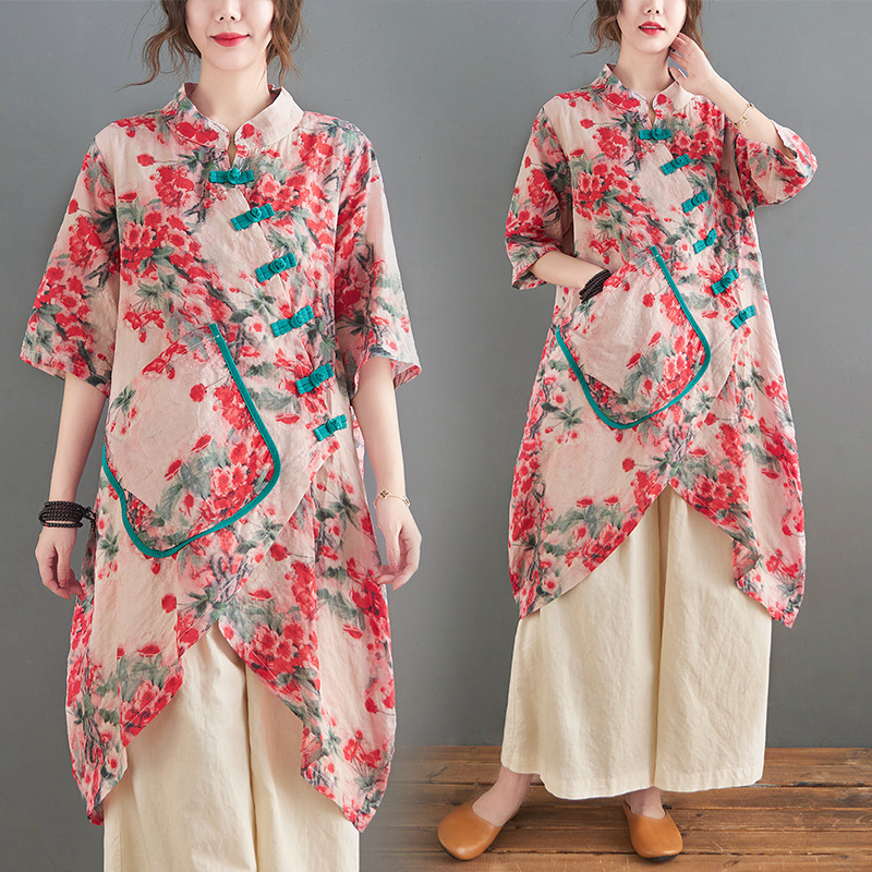 2026 Chinese Style Summer Plus-Size Ethnic Style Half-Sleeve Artistic Cotton-Linen Buttoned Irregular Shirt Dress