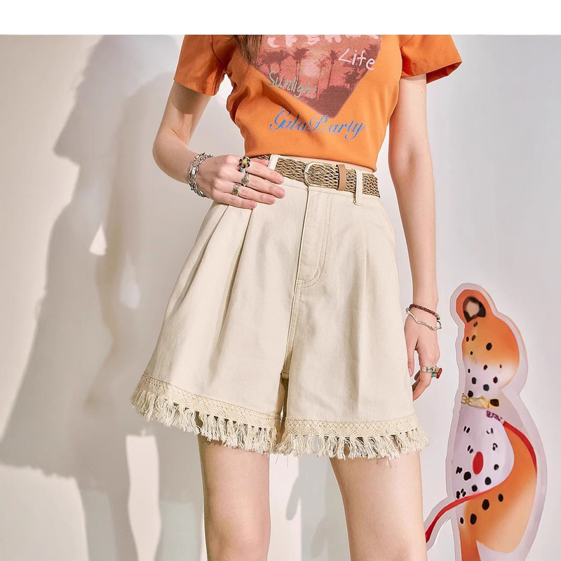Fairy's Pocket White Tassel High Waist Casual Shorts Women's 2024 Summer New Small Slimming Five-Point Pants