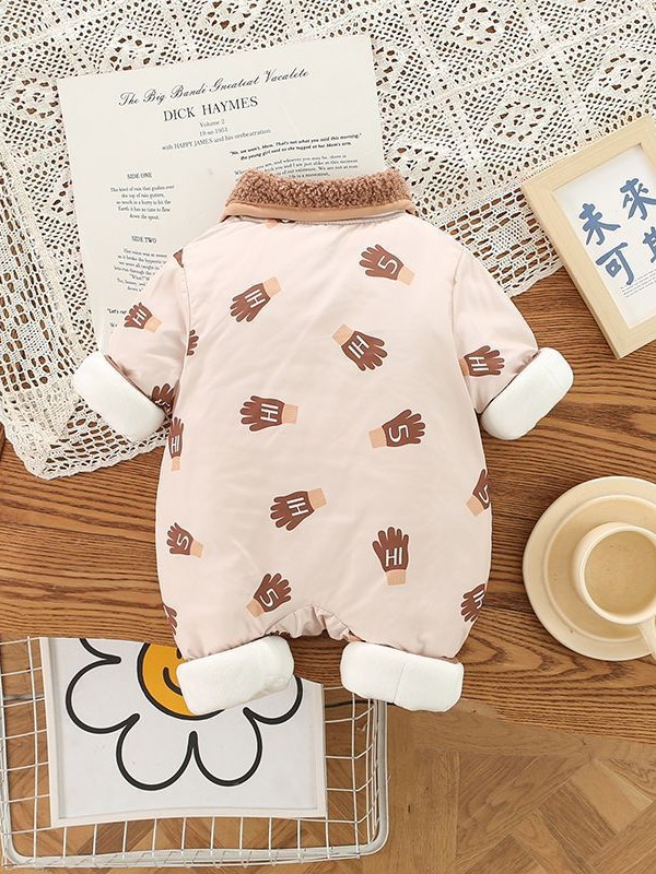 Bebé Invierno nueva ropa de algodón acolchado hombres y mujeres bebé forrado de lana acolchado mono engrosado guantes calientes impresos mameluco acolchado de algodón