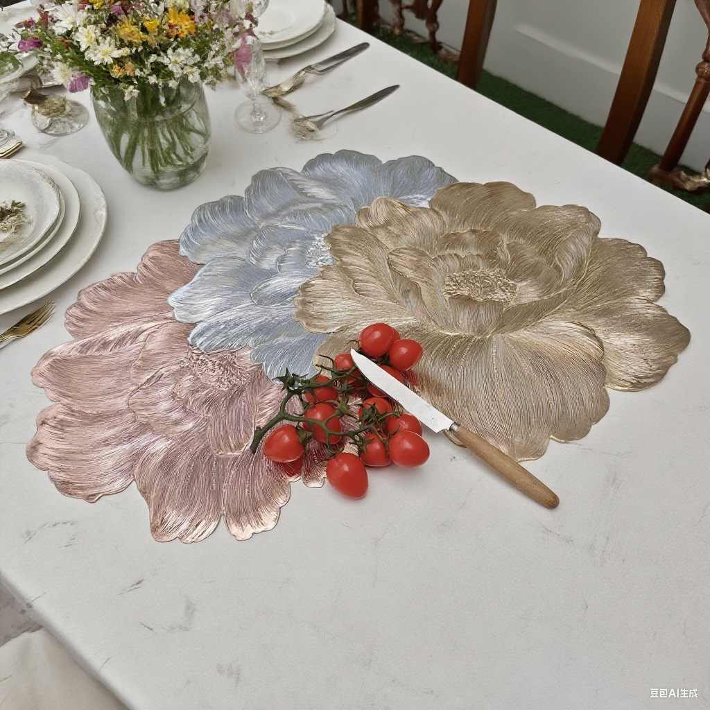 Scandinavian Accessible Luxury High Temperature Resistant Placemats, Heat Insulation and Anti-Scalding Pvc Western Placemats, High-End Hot Stamping Rose Flower Table Mats