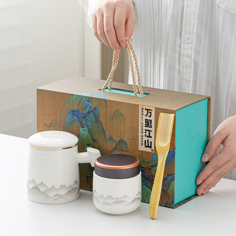 High-end Mutton-fat Jade White Porcelain Office Cup Water Cup Ceramic Tea Separating Tea Cup Practical Cultural and Creative Meeting Business Gift