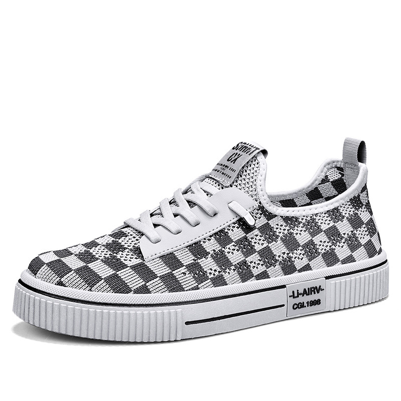 Zapatillas transpirables tejidas voladoras deportivas de verano de diseño, ligeras, de ojos grandes, zapatos de música en vivo para hombre a cuadros al aire libre