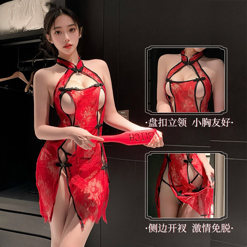 大码旗袍释放压力夜酥新款新中式云锦透视旗袍情趣睡衣蝴蝶盘扣套