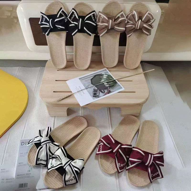 Туфли-шлепанцы с бантом в Корейском стиле, летние домашние тапочки, женские тапочки, льняные тапочки, обувь для бассейна
