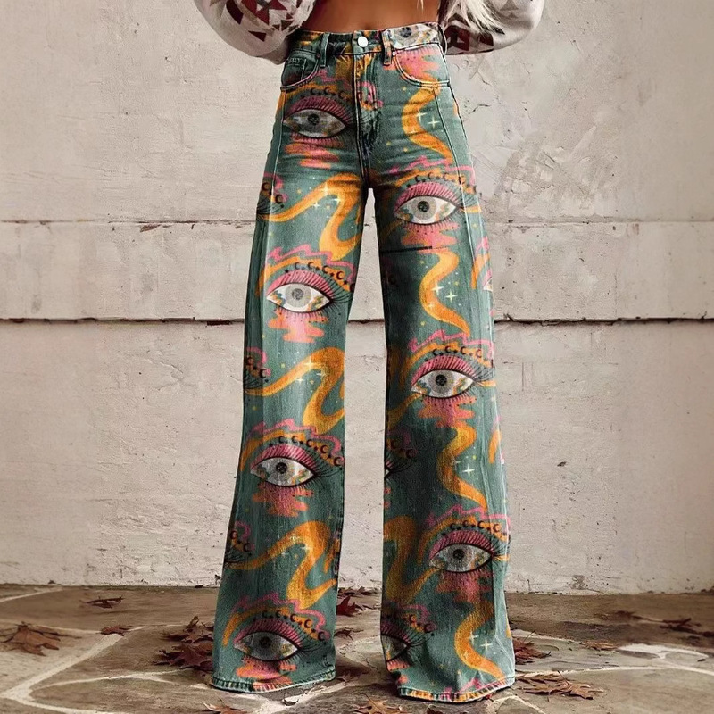 Cross-border AliExpress European and American Foreign Trade plus size Women's Casual Pants Thin Imitation Jeans Wide Leg 3D Trendy Women's Pants