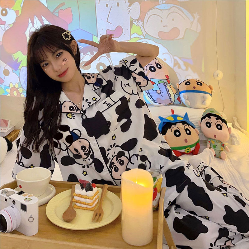 Pantalones de manga corta pijamas para mujeres 2023 nuevo otoño y verano estilo coreano dibujos animados linda chica corazón crayón Xiaoxin ropa para el hogar para mujeres