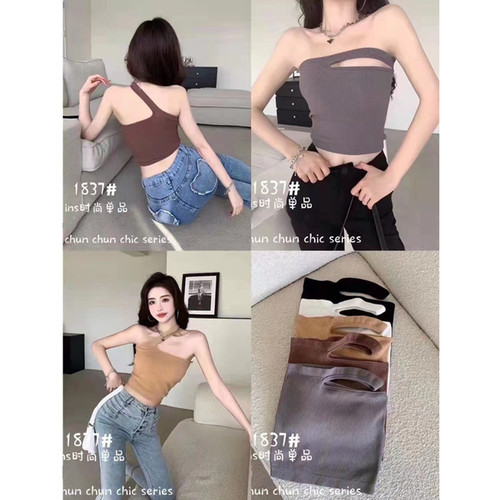 New style irregular sloping shoulders, exposed clavicle, halterneck, beautiful back, inner wear, outer wear, with chest pad, sexy navel-baring camisole for women