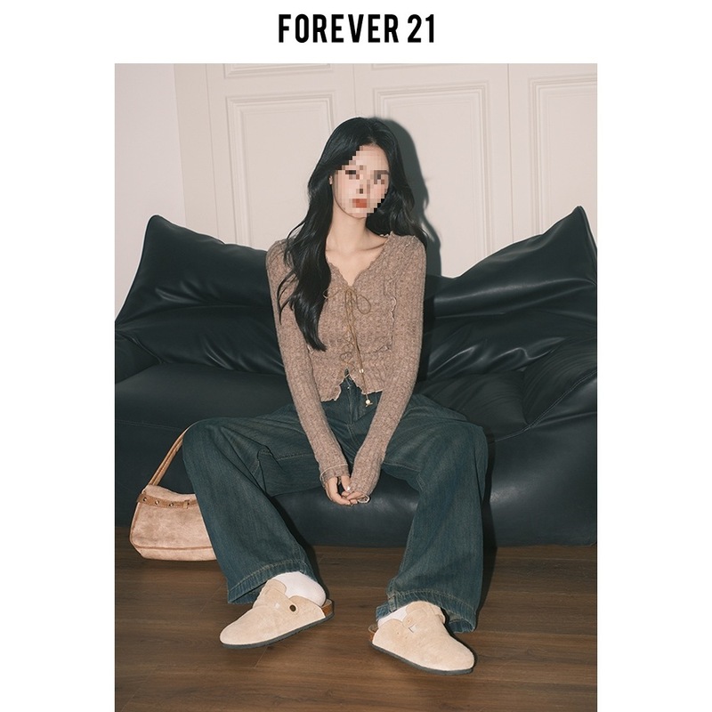 Forever21卡其色气质小V领针织小开衫女修身别致长袖绑带打底上衣|undefined