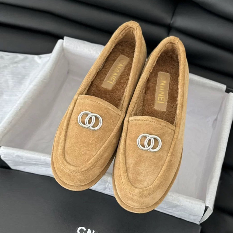 Tweed Style Fur All-In-One Loafers 2025 New Plush Warm Flats Shallow Mouth Slip-On Metal Buckle Cotton Shoes