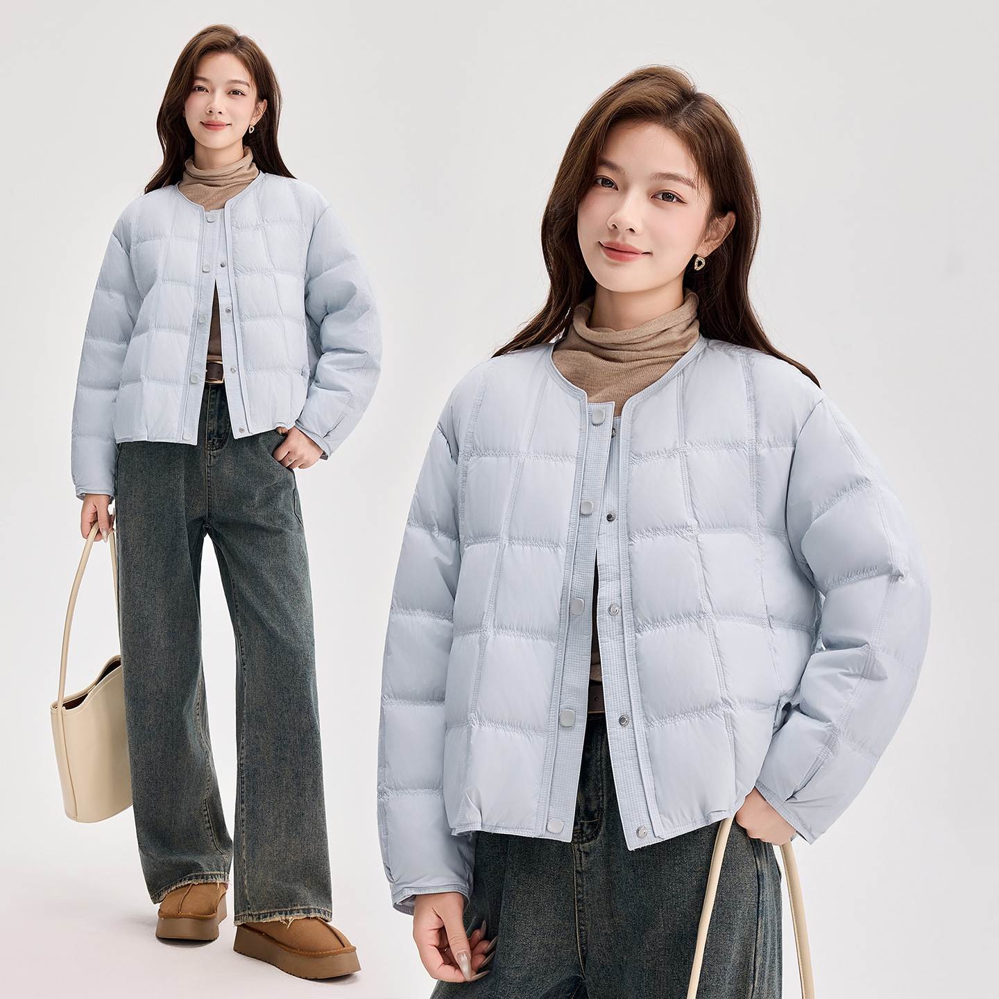020 正宗90绒白鸭绒羽绒服2025冬修身小个子羽绒衣无领小香风外套