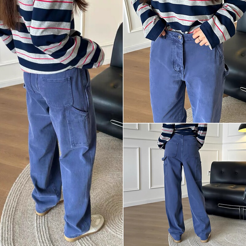 House Pure Cotton Washed Denim Retro Loose Fit Casual Navy Blue Workwear Jeans for Women