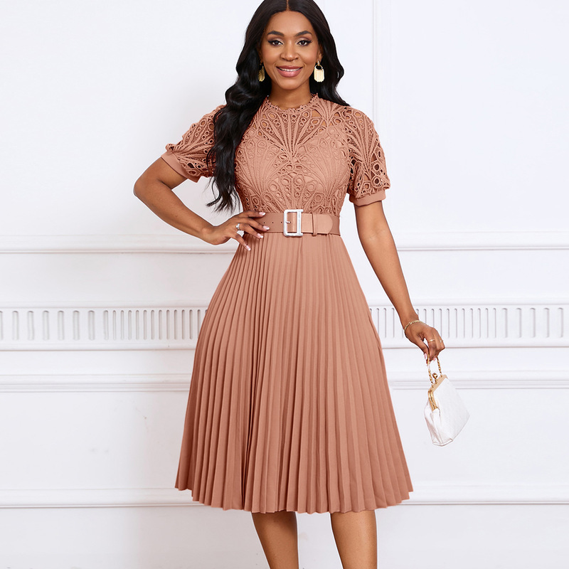 D499 European and American Women's Clothing 2025 New Short-Sleeved Lace Splicing Pleated African Dress Cross-Border Dress Skirt