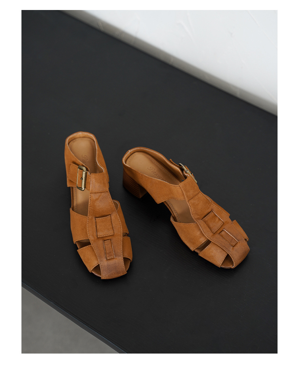 Dép sandal nữ quai dệt da cừu, đế La Mã thô, gót 4.5 cm — Màu caramel chi tiết 17
