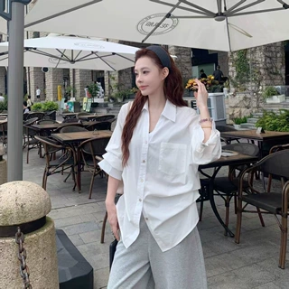 韩系设计感V领泡泡袖白色衬衫女春夏新款老钱风宽松显瘦收腰上衣