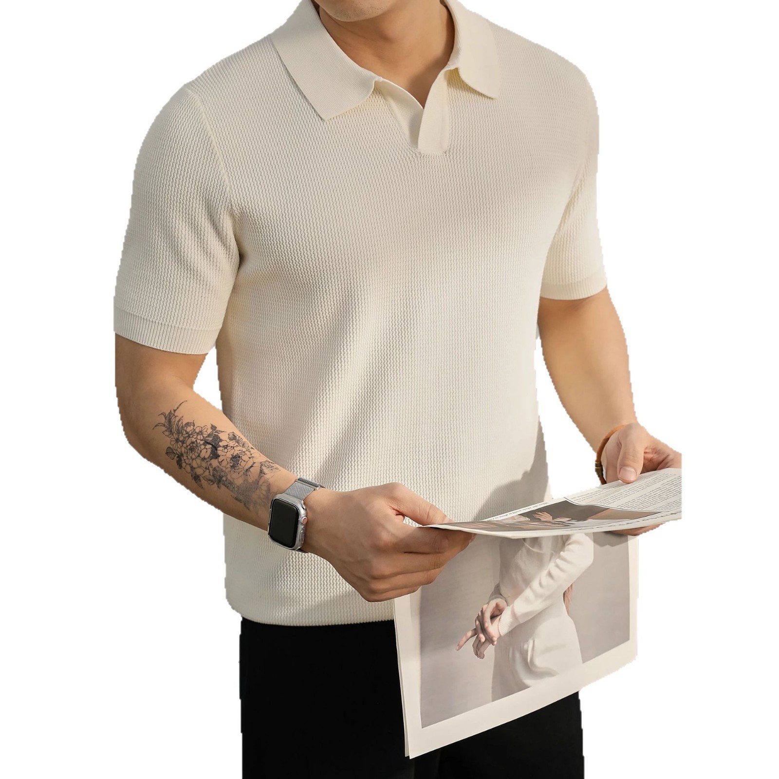 Verano nuevo suéter de punto de seda de hielo de manga corta para hombres camisa POLO de negocios delgada con cuello en V comercio exterior coreano al por mayor transfronterizo