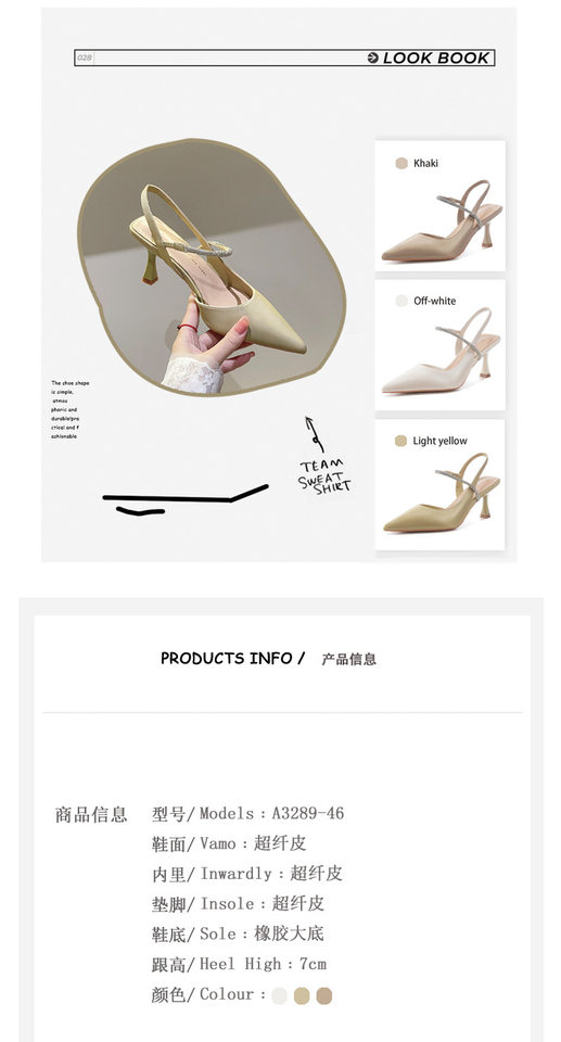 Sandal nữ bít mũi quai ngang đính đá, gót nhọn 6–8 cm — Màu kaki, Màu trắng be, Màu vàng nhạt chi tiết 5