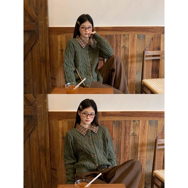 [Original Fabric] Olive Green Plaid Knit Cardigan Sweater, Winter 2025 New Style, Very Stylish with a Turn-Down Collar