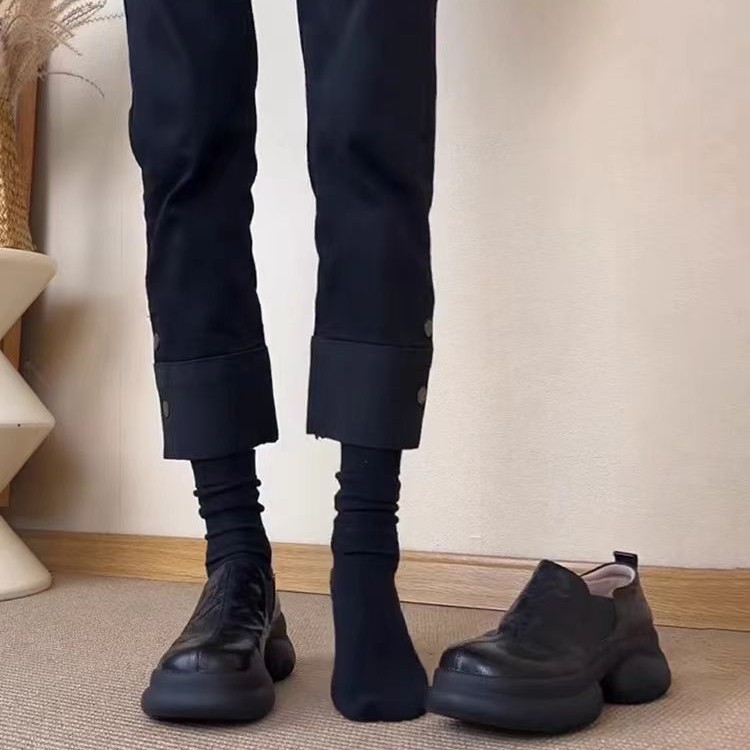 羊皮版~复古厚底松糕底乐福鞋女英伦风深口一脚蹬圆头小皮鞋