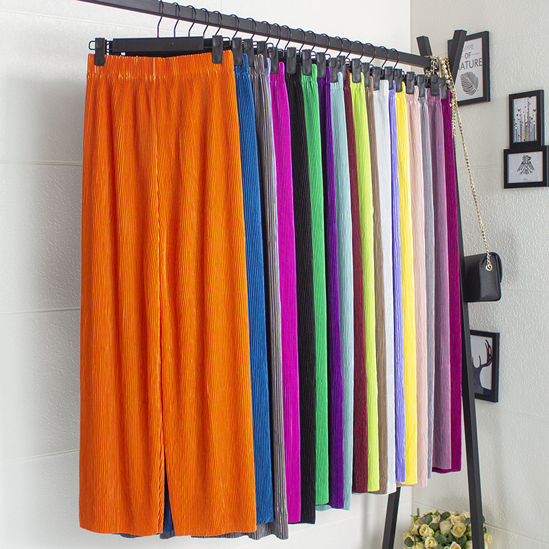 Versatile Thin Women's Trousers with Elastic Waist, Loose Ice Silk Pleated Trousers, Slim Wide-Leg Trousers, Casual Yoga Trousers