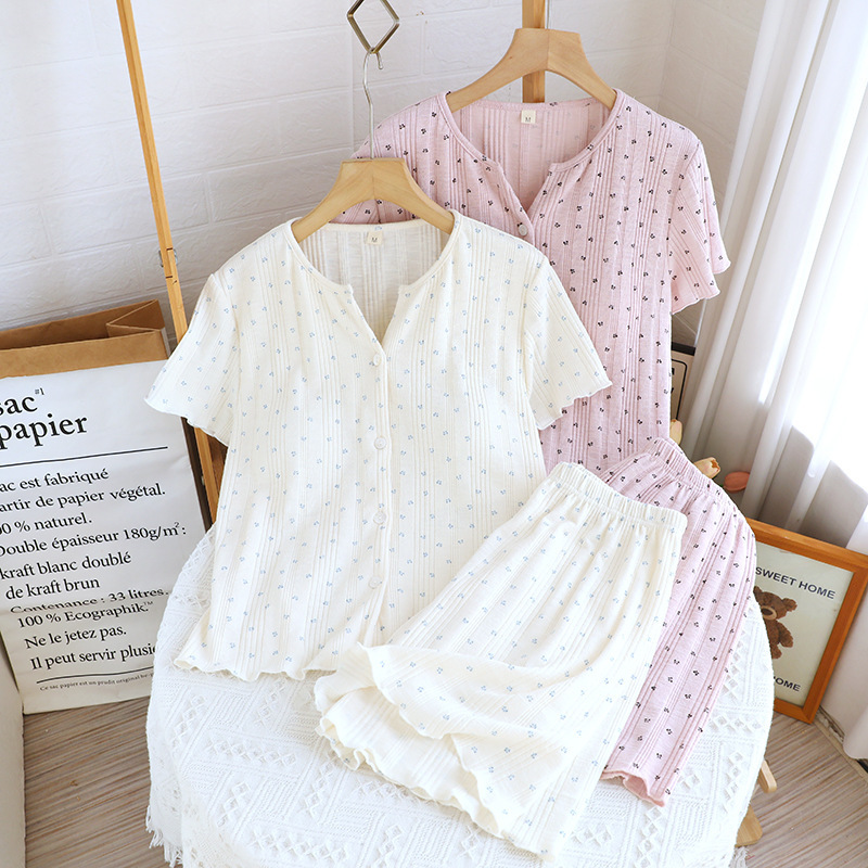 New Style Breast Pad Pajamas for Women Summer Korean Cross-Border Cardigan Short-Sleeved Shorts Loose Can Be Worn Outside Home Clothes Set