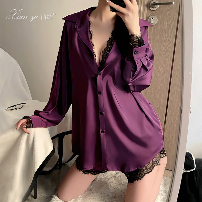 Xian Yi Sexy Boyfriend Style Shirt Lace Temptation Pure Desire Nightgown Spring and Autumn High-end Light Luxury Pajamas suit 660 Xian Yi Sexy Boyfriend Style Shirt Lace Temptation Pure Desire Nightgown Spring and Autumn High-end Light Luxury Pajamas suit 660
