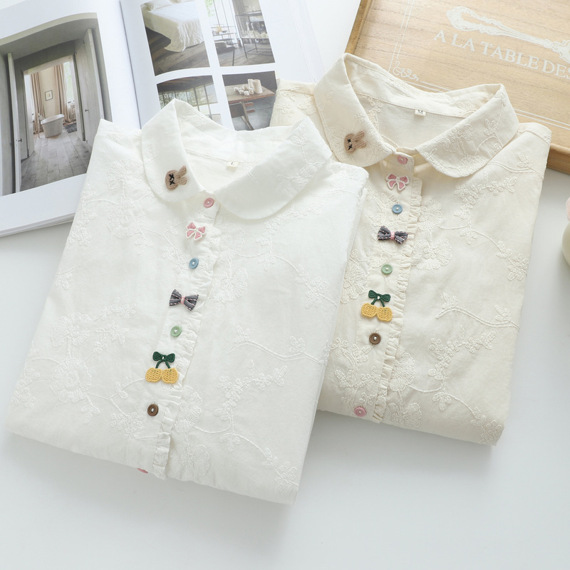 Japanese-Style Embroidered Jacquard Long-Sleeve Shirt for Women, Loose and Age-Reducing, Sweet Spring and Autumn All-Cotton Bunny Colorful Base Top Japanese-Style Embroidered Jacquard Long-Sleeve Shirt for Women, Loose and Age-Reducing, Sweet Spring and Autumn All-Cotton Bunny Colorful Base Top