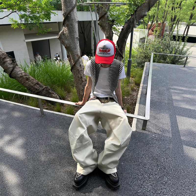 自主潮牌复古打褶弯刀阔腿工装裤小众立体口袋廓形baggy休闲长裤|undefined