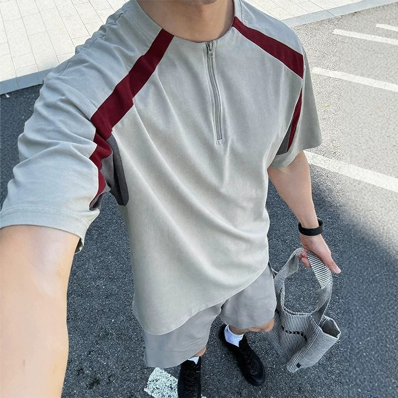 Short-sleeve T-shirt 2026, color-blocking, breathable, summer quick-dry, zippered, semi-hiking, spliced T-shirt for men, lightweight Short-sleeve T-shirt 2026, color-blocking, breathable, summer quick-dry, zippered, semi-hiking, spliced T-shirt for men, lightweight
