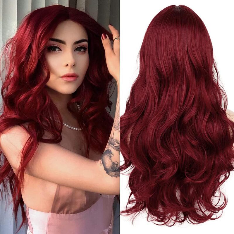 European and American Burgundy Wig for Women, Middle-Parted Long Curly Hair, Chemical Fiber High-Temperature Silk Headgear, Cross-Border Hot-Selling Foreign Trade Wig