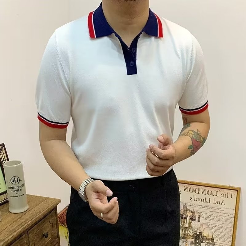 Summer Retro striped color matching casual Ice Silk polo shirt collar short sleeve youth fashion sweater T-shirt men's clothing